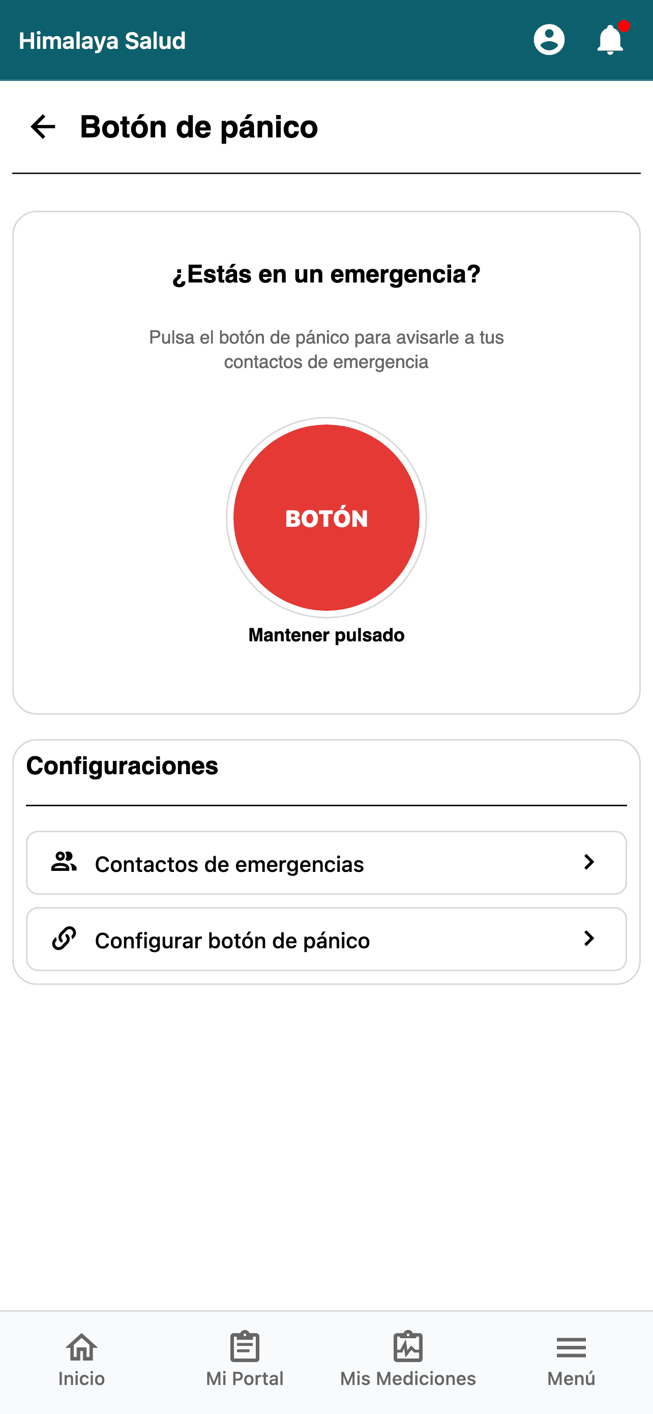 Pantalla del botón de pánico de Himalaya Salud