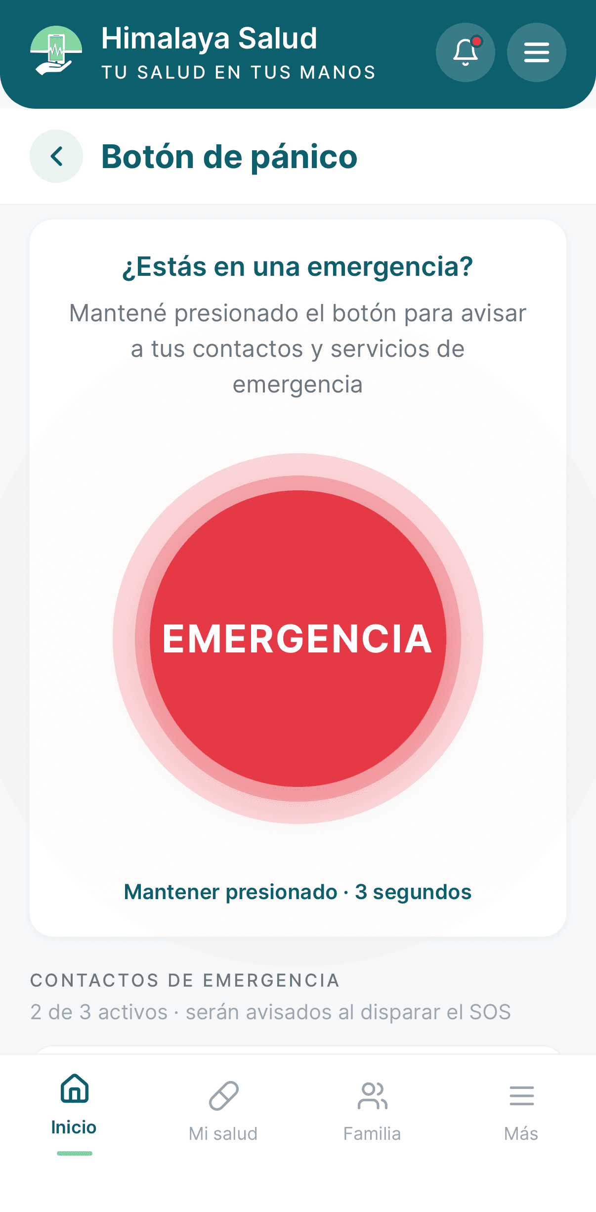 Pantalla del botón de emergencia de Himalaya Salud